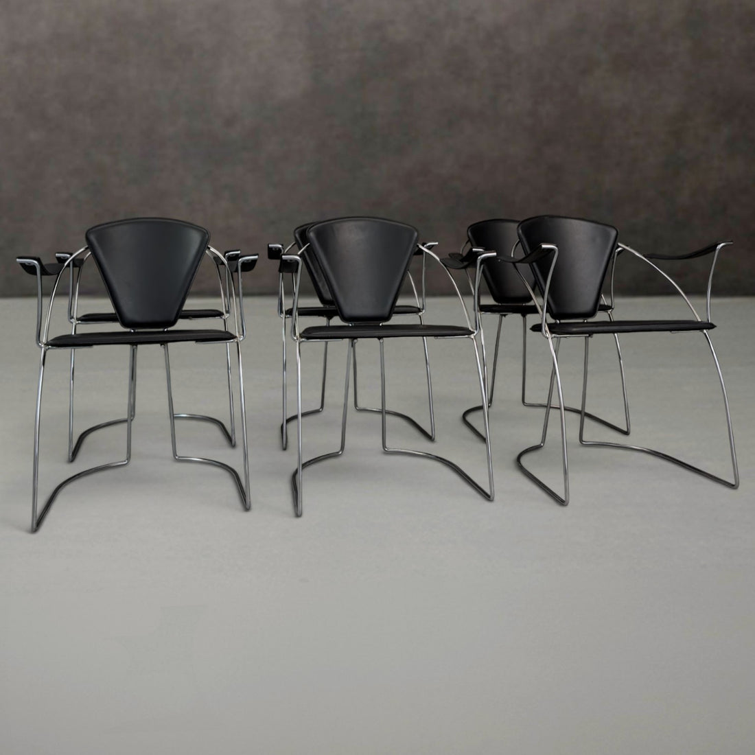 6 Italian 1980s Chrome and Black Leather Armchairs by Arrben