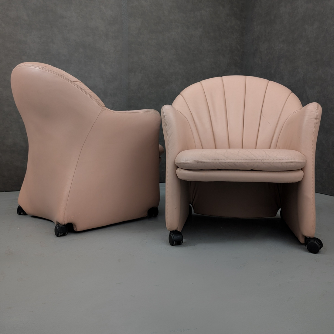 Late 1980s Leather Shell Back Club Chairs on Castors