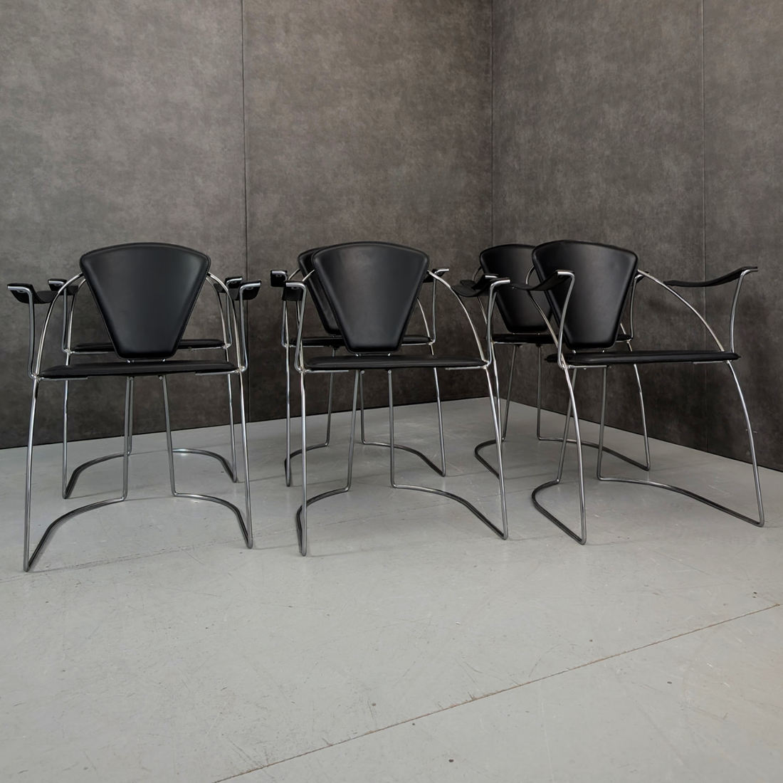 9 Italian 1980s Chrome and Black Leather Armchairs by Arrben