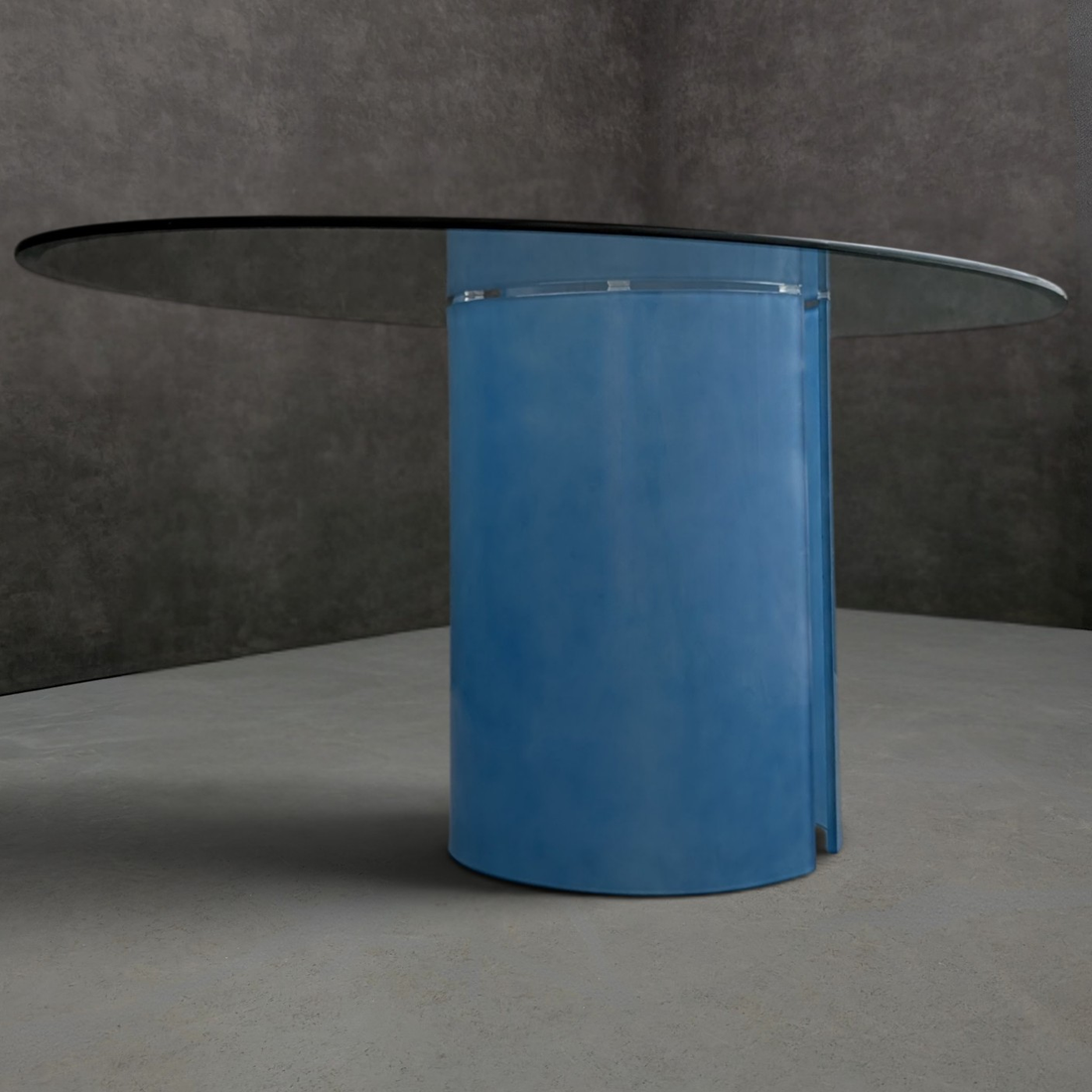 ON HOLD - 1980s Italian Glass Oval Dining Table with Frosted Blue Glass Pedestal