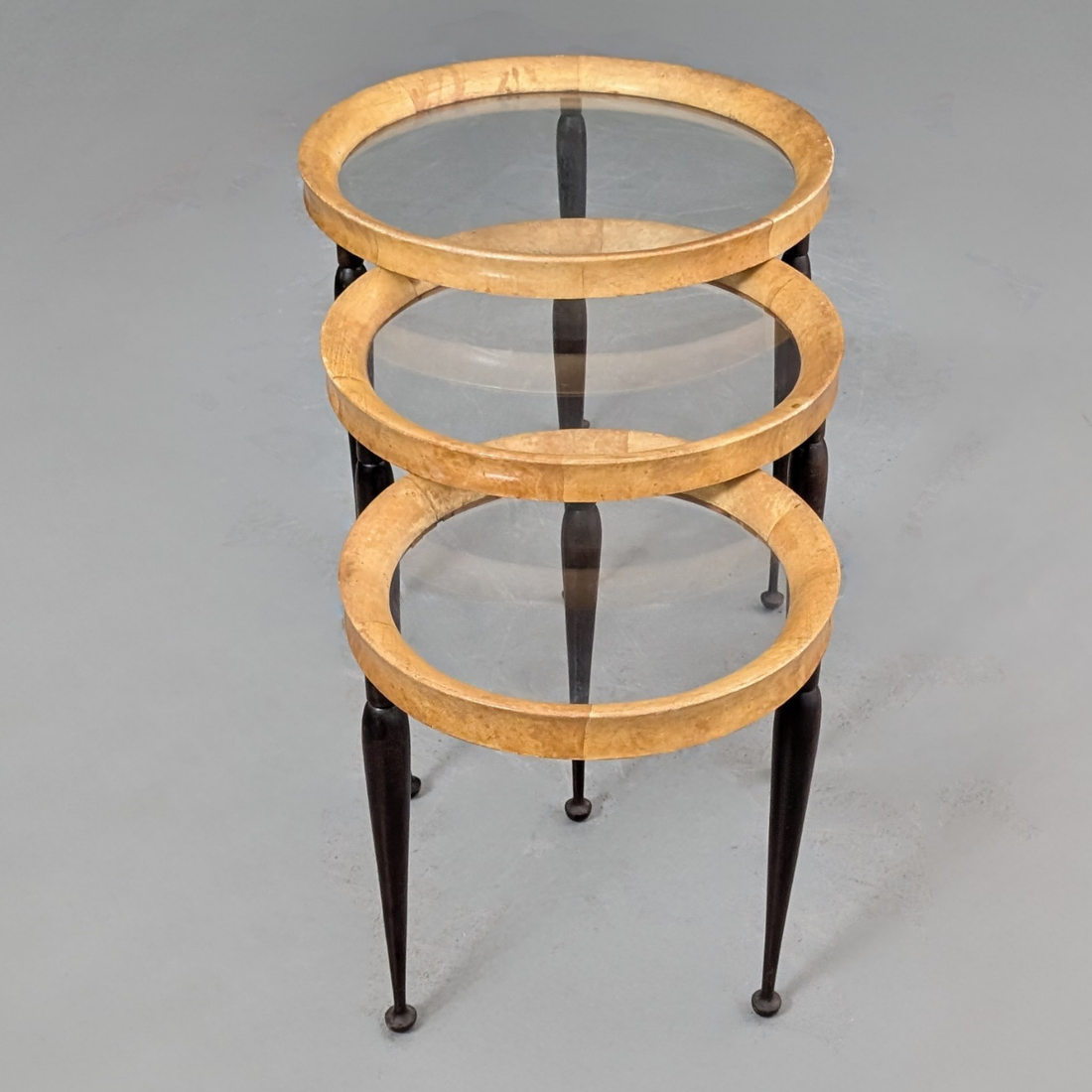 Nest of Three Italian Goatskin and Glass Nesting Tables in the Manner of Aldo Tura Circa 1950s