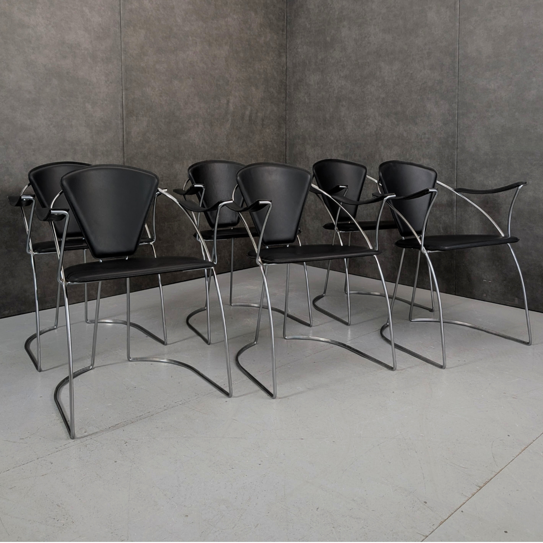 9 Italian 1980s Chrome and Black Leather Armchairs by Arrben