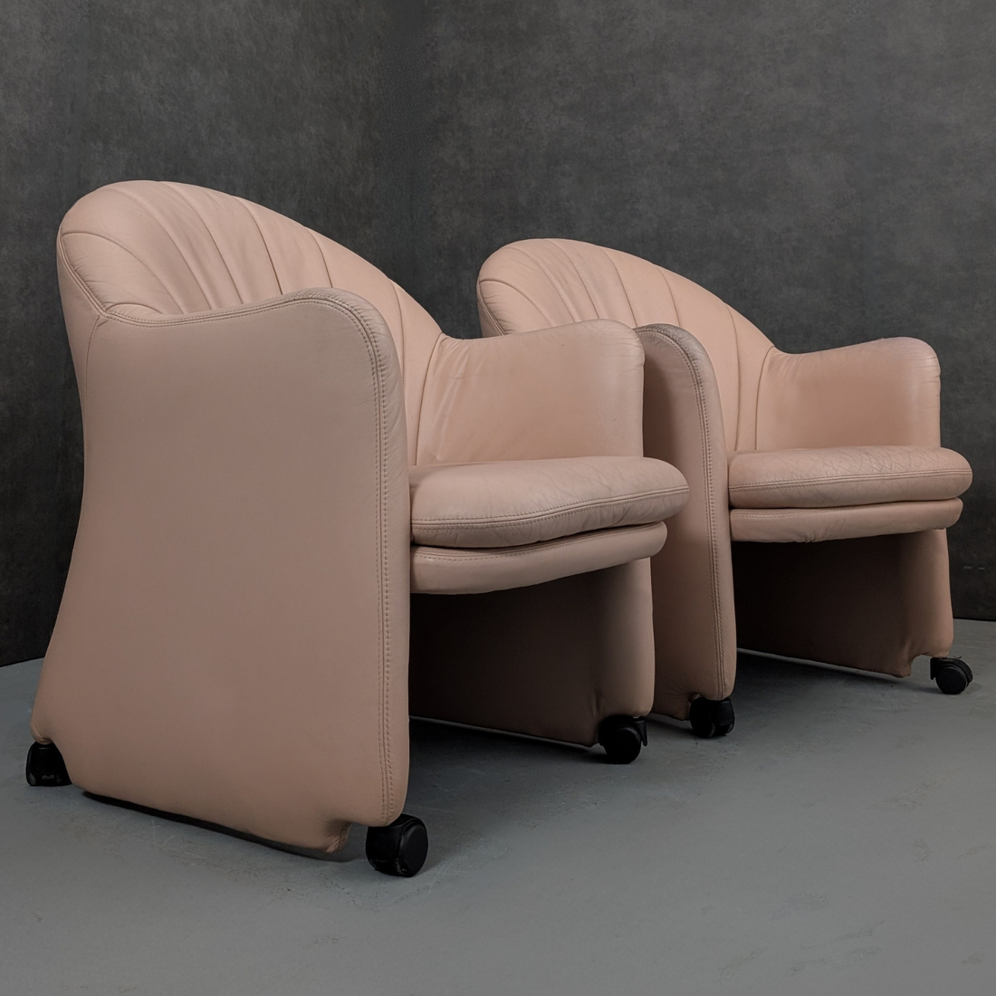 Late 1980s Leather Shell Back Club Chairs on Castors