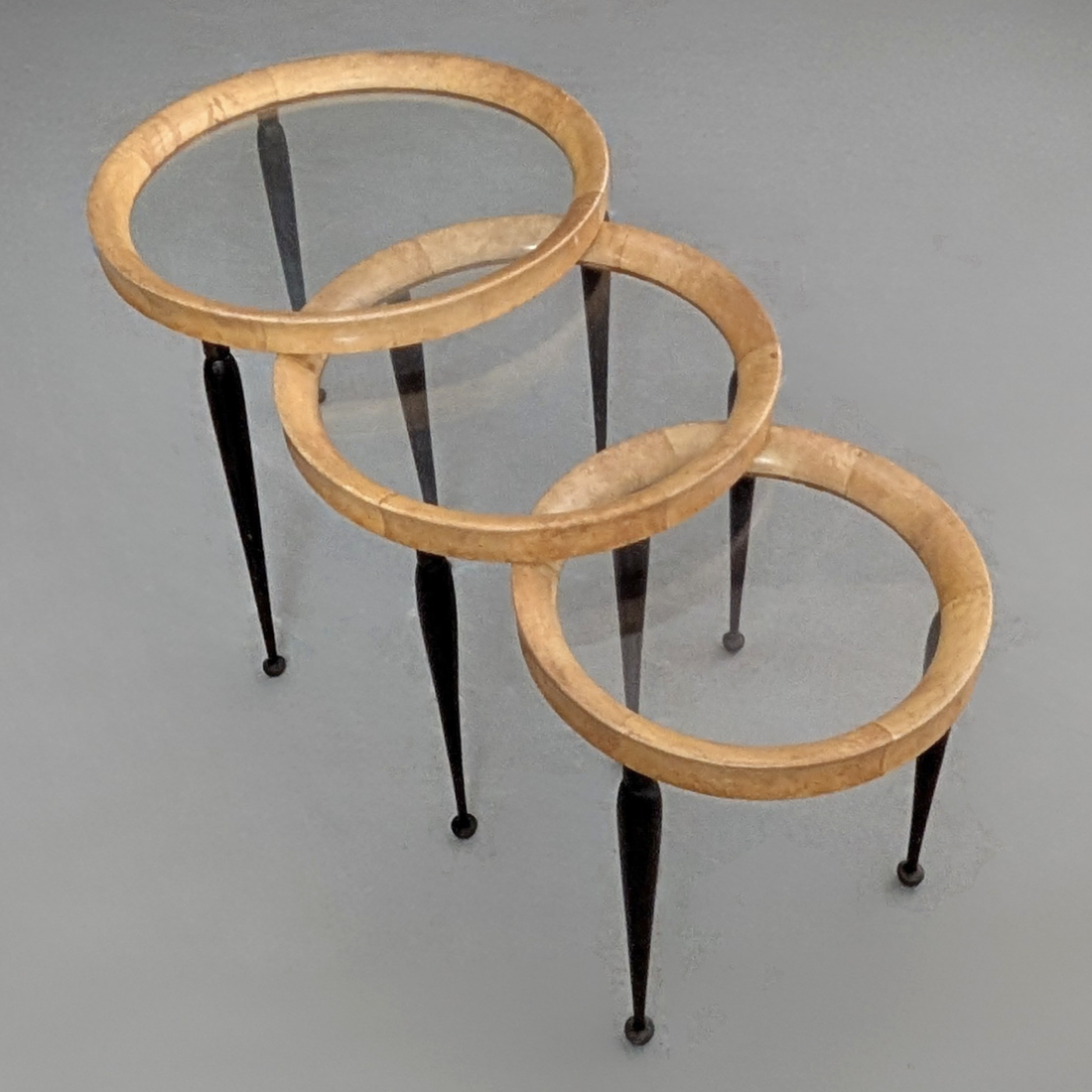 Nest of Three Italian Goatskin and Glass Nesting Tables in the Manner of Aldo Tura Circa 1950s