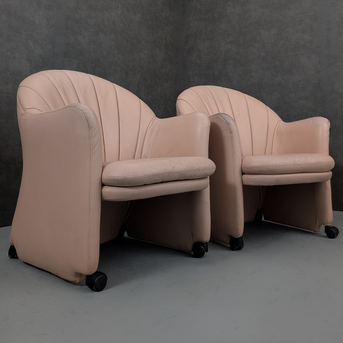 Late 1980s Leather Shell Back Club Chairs on Castors