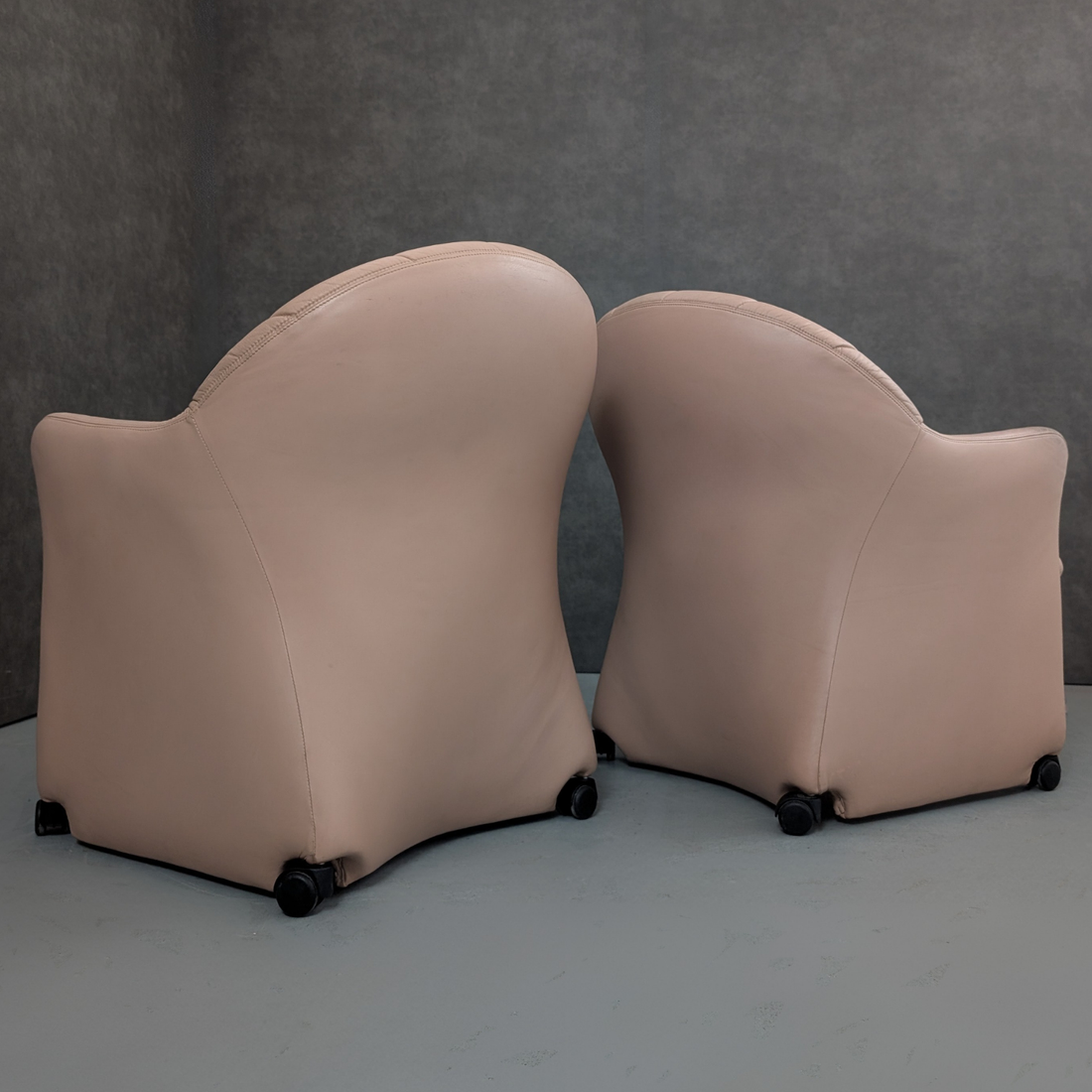 Late 1980s Leather Shell Back Club Chairs on Castors