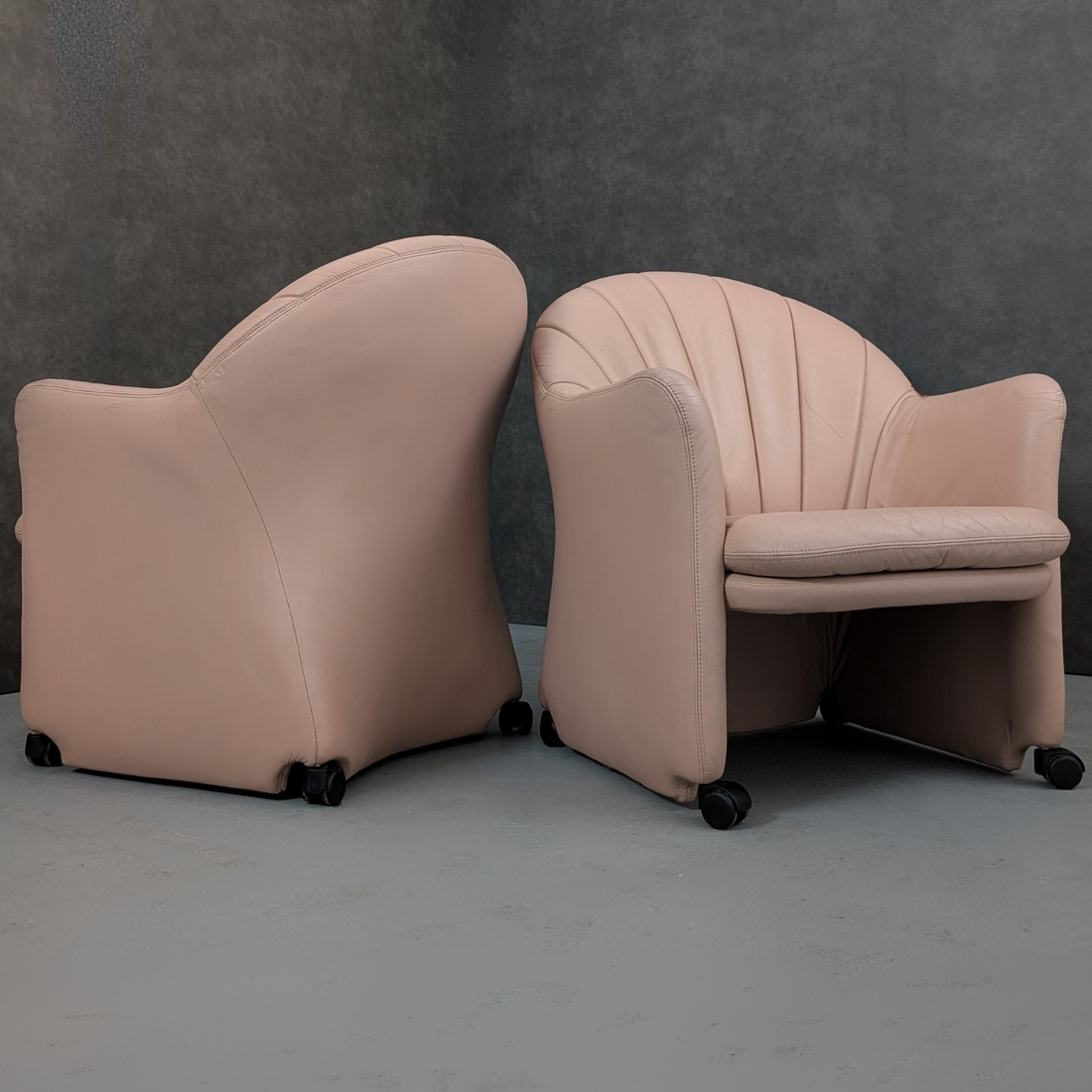 Late 1980s Leather Shell Back Club Chairs on Castors