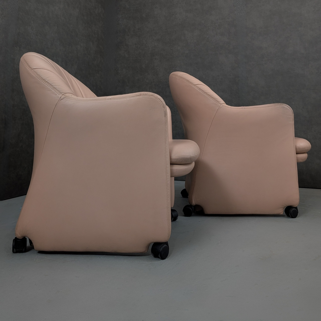 Late 1980s Leather Shell Back Club Chairs on Castors