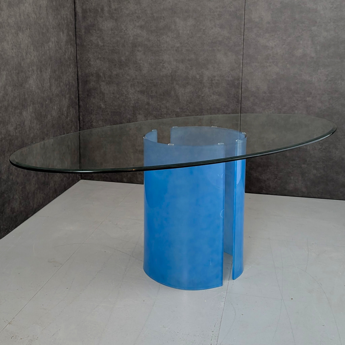 Italian Modernist Frosted Blue Glass Oval Dining Table