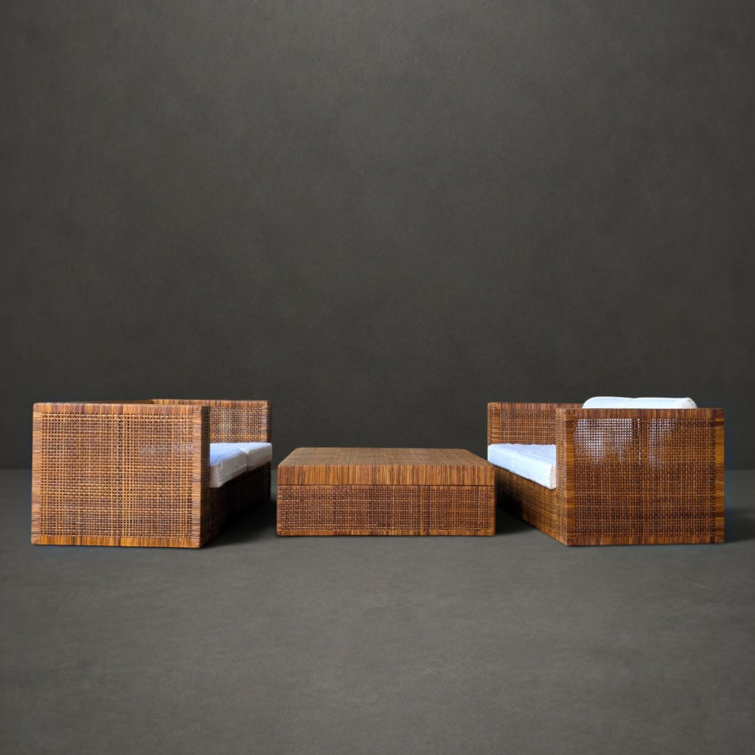 Rare Danny Ho Fong for Tropi-Cal Complete Three Piece Rattan Suite, Circa 1965