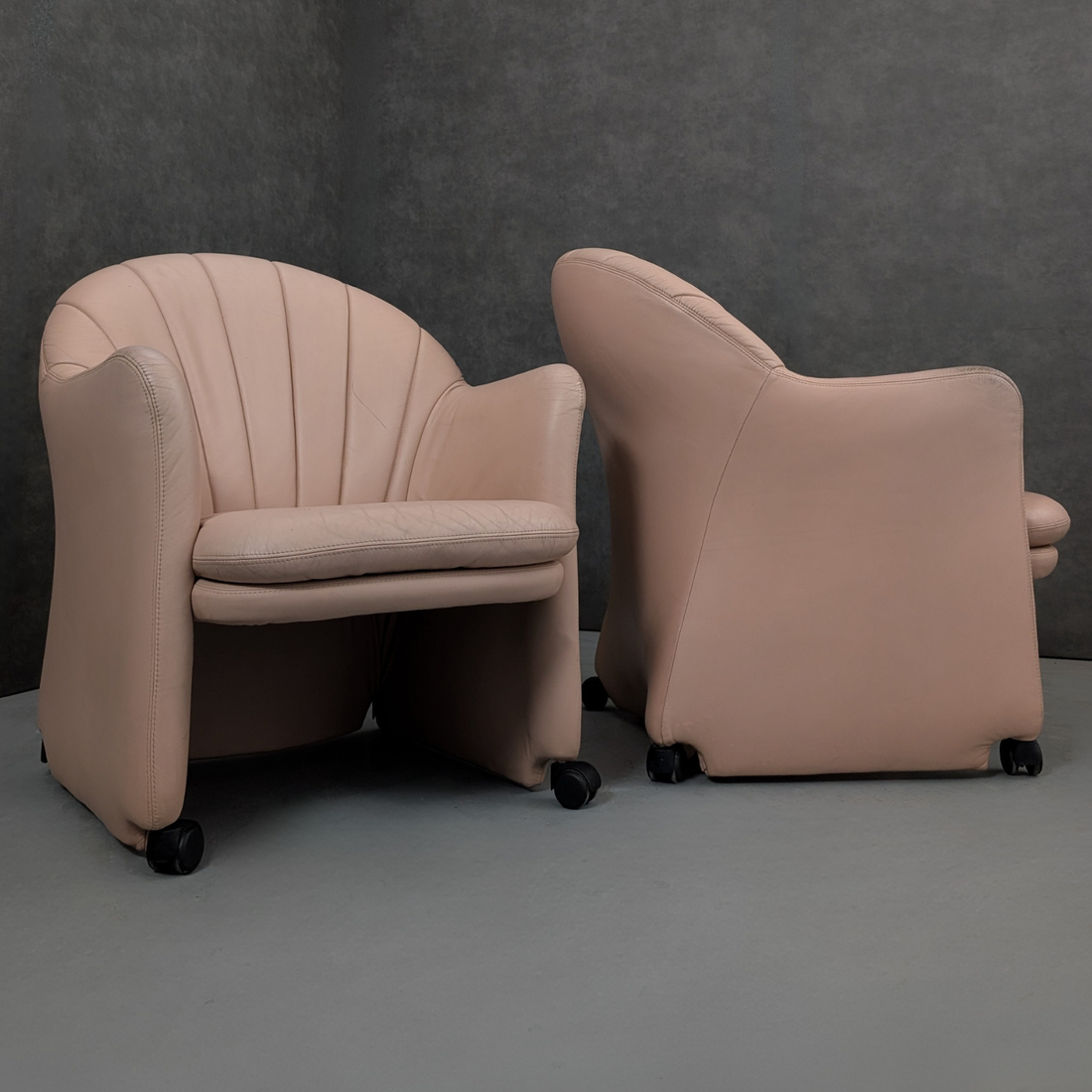 Late 1980s Leather Shell Back Club Chairs on Castors