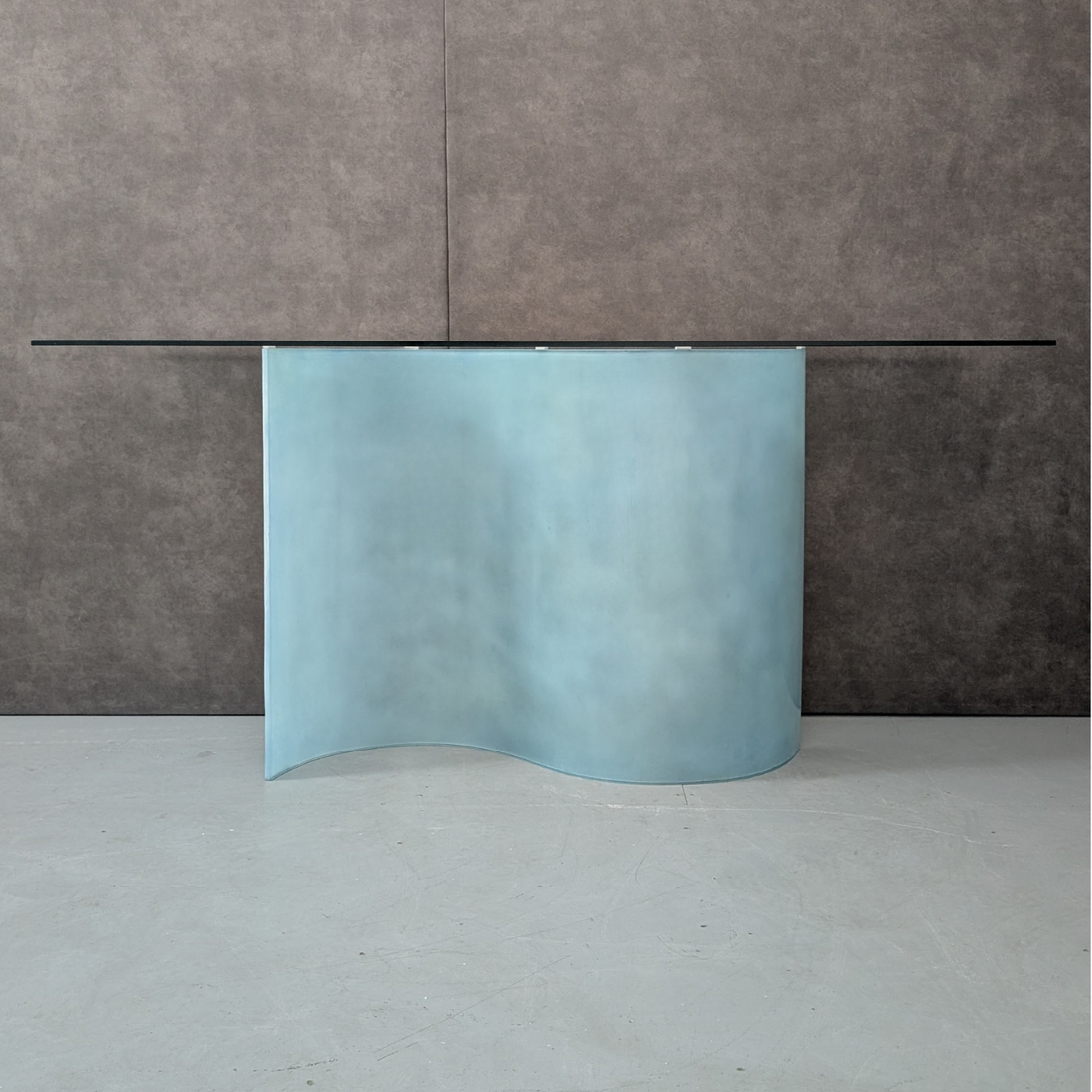 1980s Italian Glass Console Table with Curved Frosted Glass Pedestal