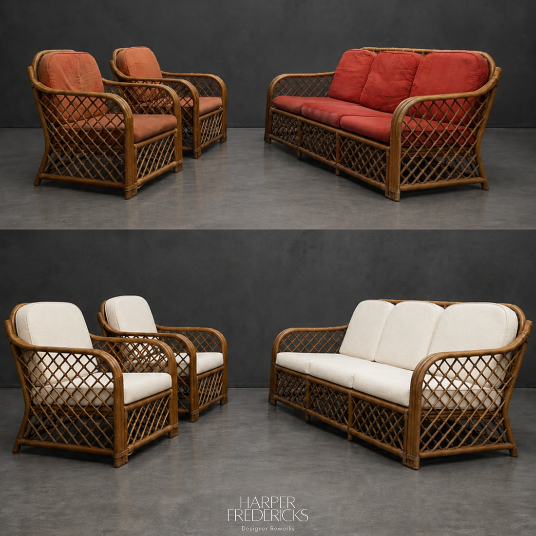 Vintage Three Piece Lattice Cane Lounge Suite