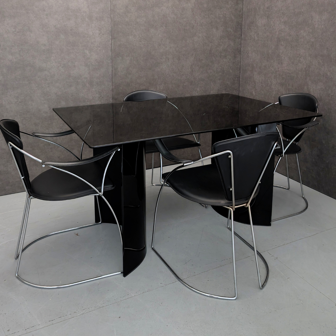 1980s Black Opaque Glass Dining Table with Arrben Dining Chairs Italy