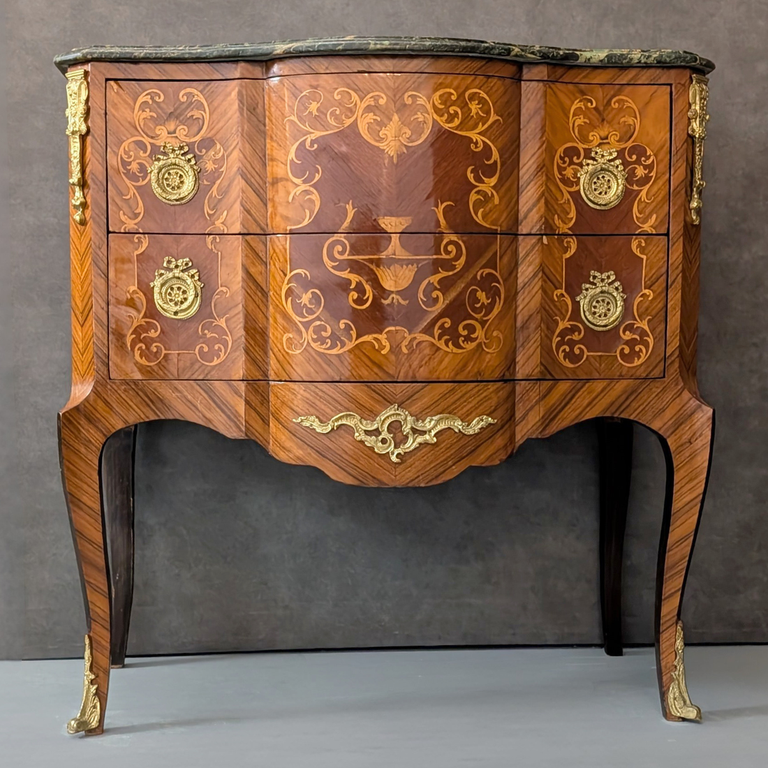 Circa 1930 French Louis XV Style Commode with Green Marble Top