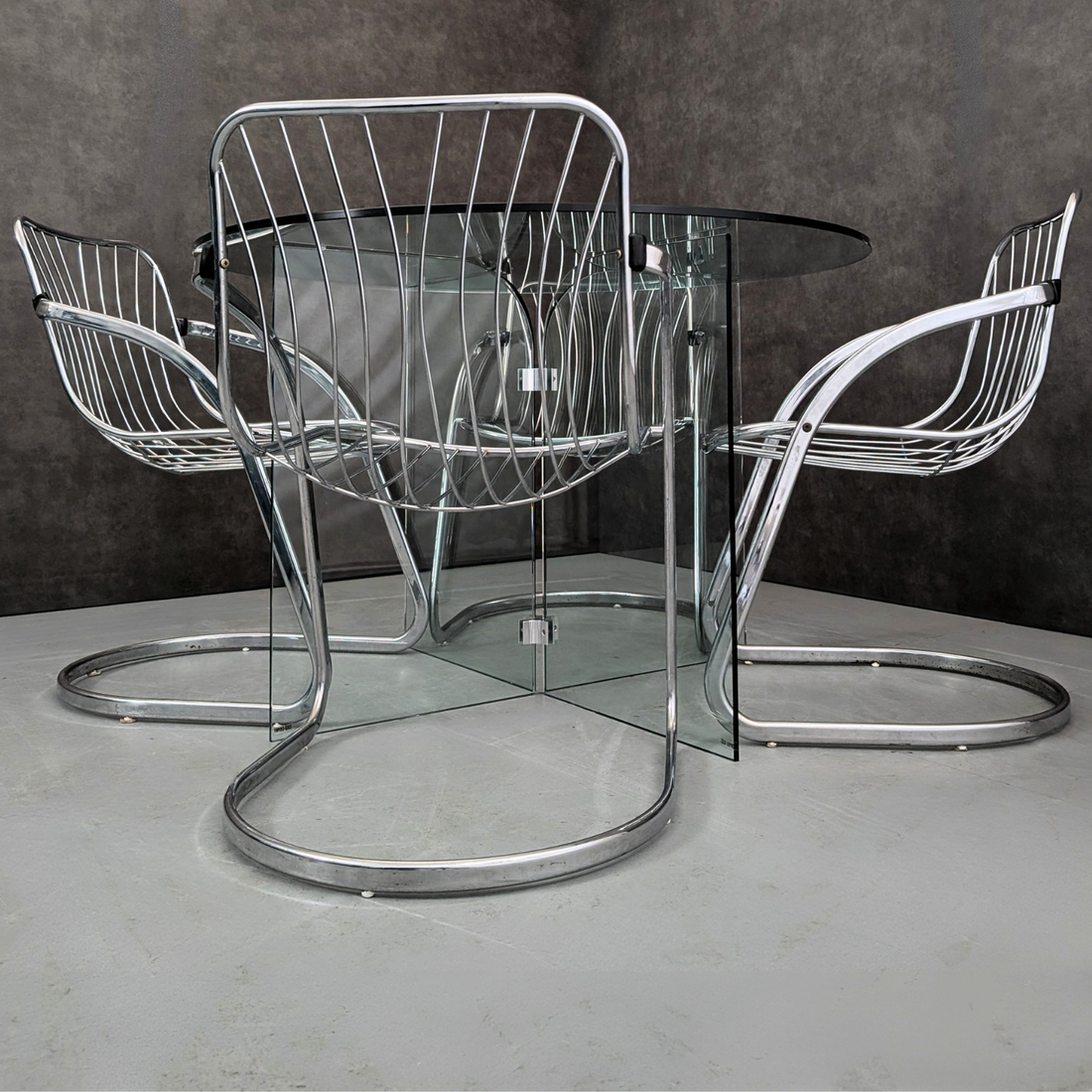 Vintage Chrome Cantilever Gastone Rinaldi Style Chairs with Glass Pedestal Table