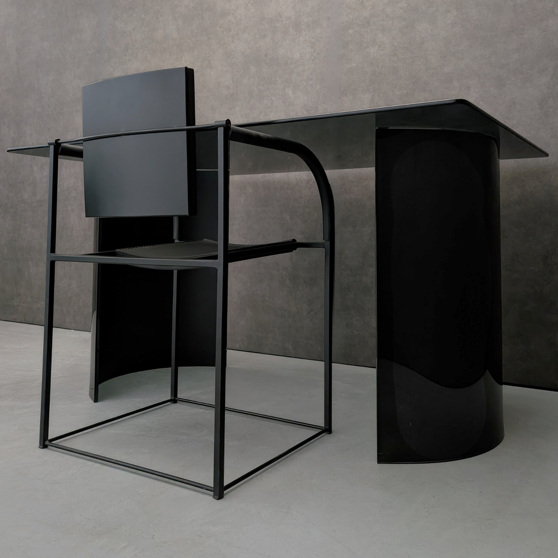 1980s Comoda Chair by Maurizio Peregalli for Zeus Noto with Black Glass Pedestal Desk/Table
