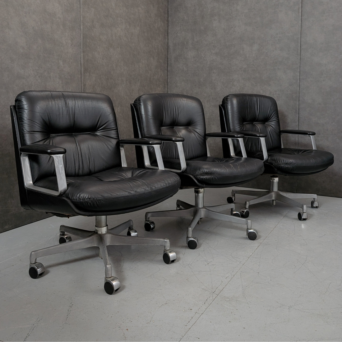 Vaghi Kiruna Black Leather Swivel Chairs Designed 1975 Italy