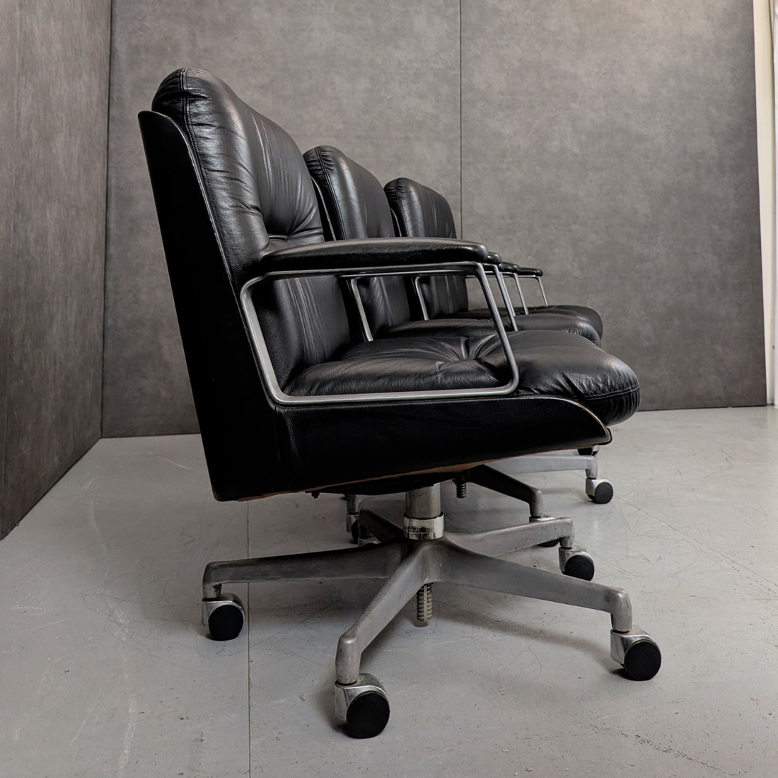 Vaghi Kiruna Black Leather Swivel Chairs Designed 1975 Italy