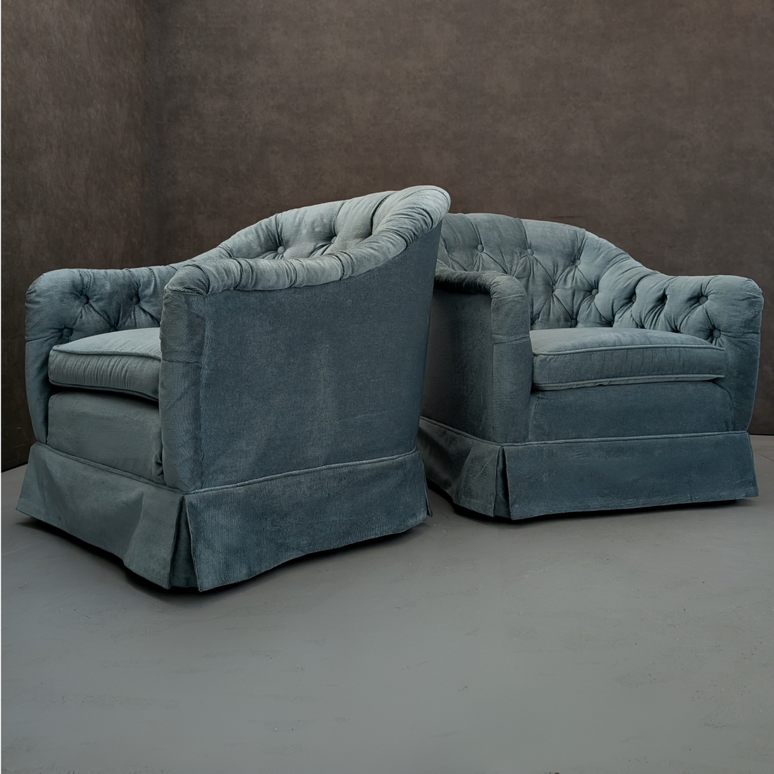 Antique Tufted Club Chairs in Blue Crushed Velvet