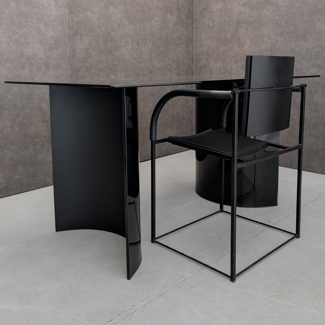1980s Comoda Chair by Maurizio Peregalli for Zeus Noto with Black Glass Pedestal Desk/Table