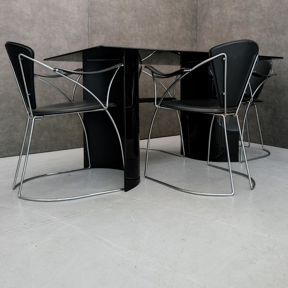 1980s Black Opaque Glass Dining Table with Arrben Dining Chairs Italy