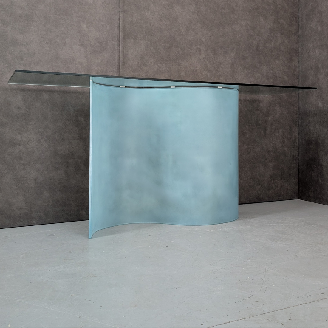 1980s Italian Glass Console Table with Curved Frosted Glass Pedestal