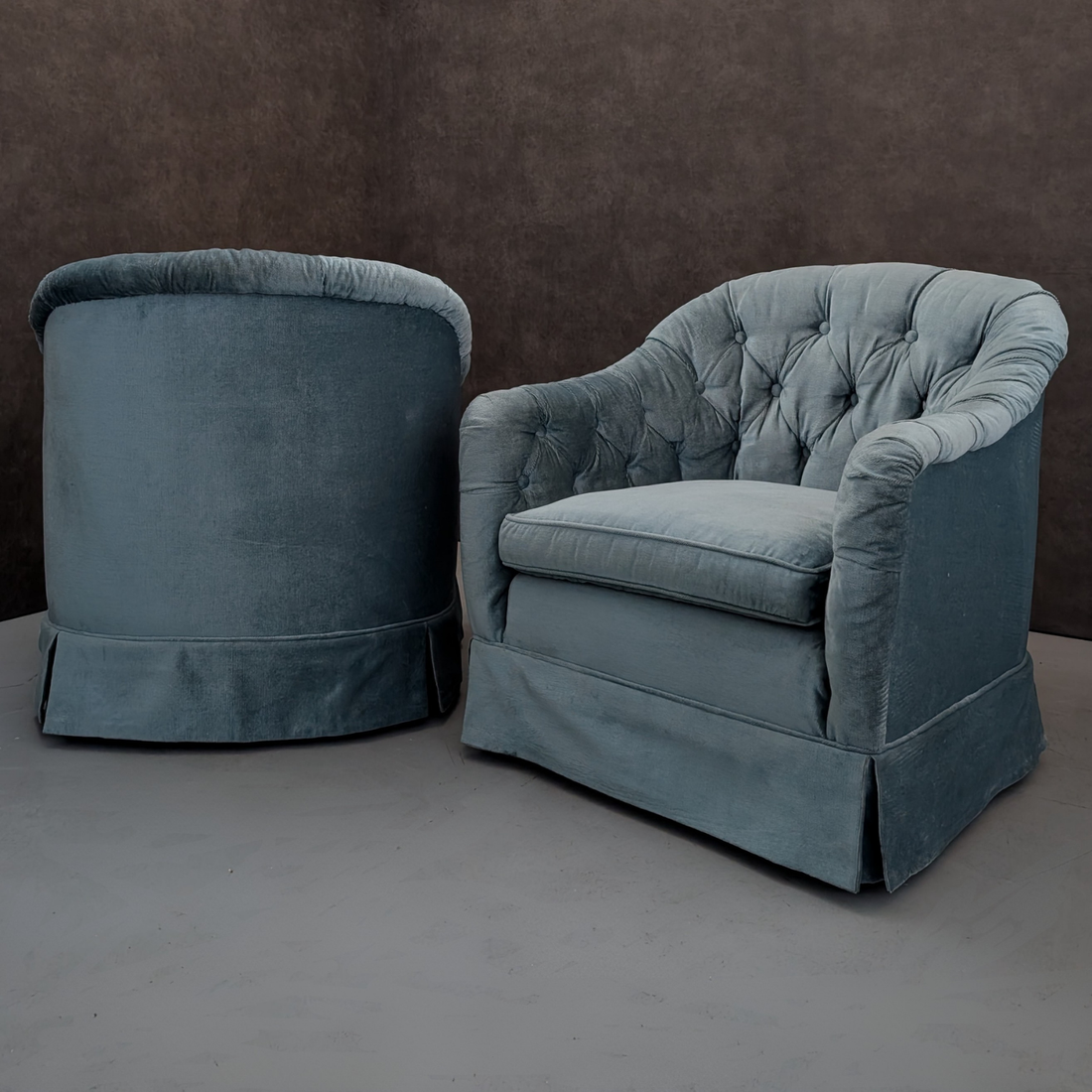 Antique Tufted Club Chairs in Blue Crushed Velvet
