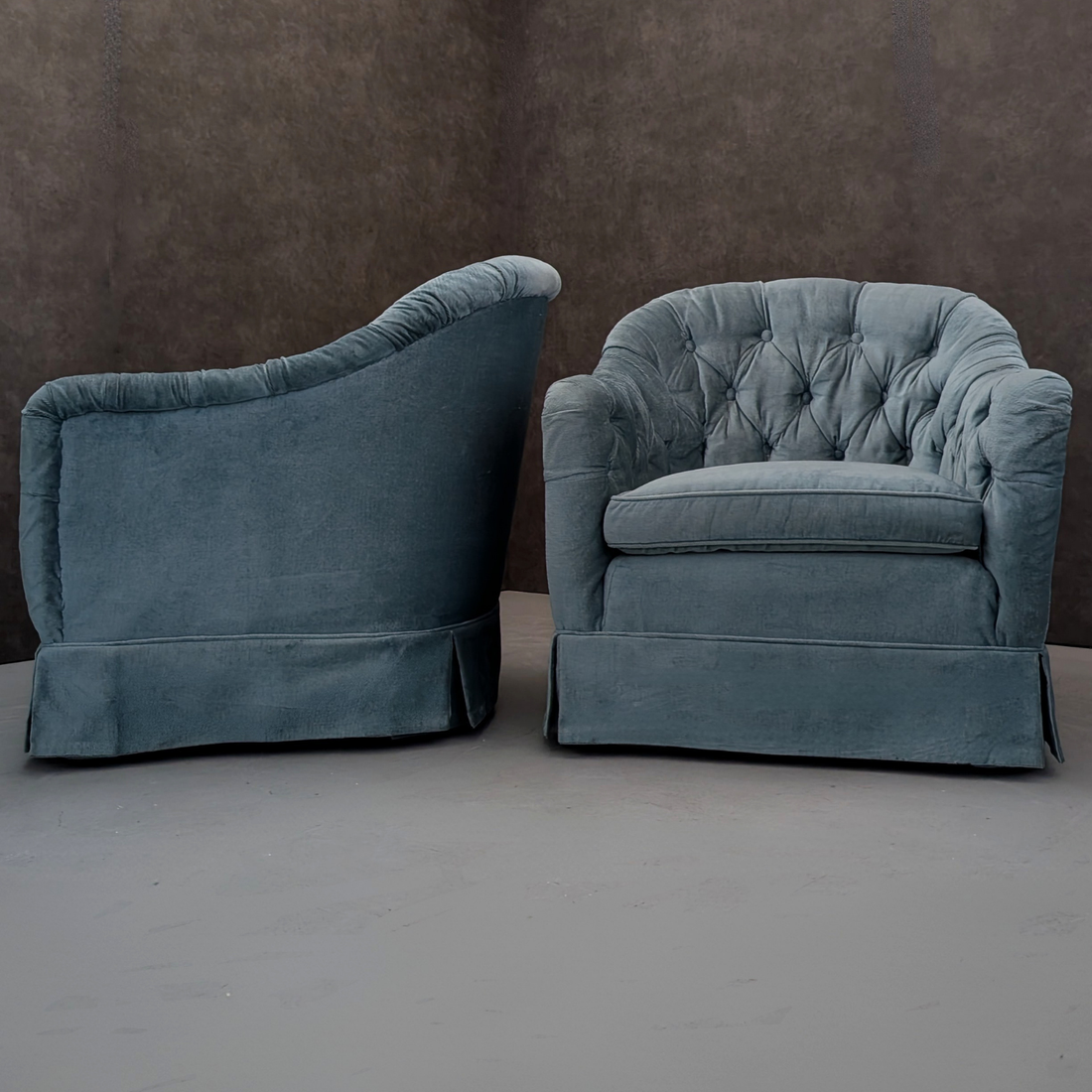 Antique Tufted Club Chairs in Blue Crushed Velvet