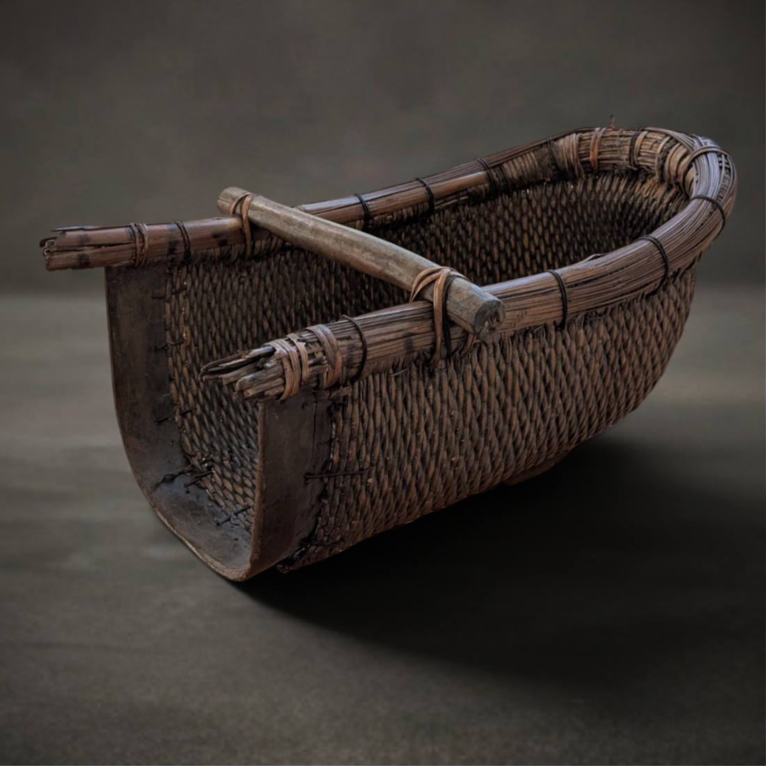 19th Century Chinese Rice Winnowing Basket with Timber Carrying Handle