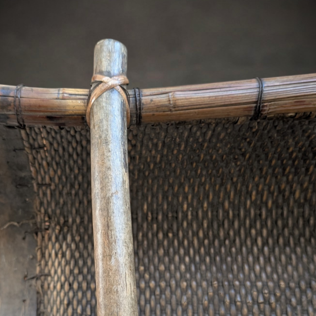 19th Century Chinese Rice Winnowing Basket with Timber Carrying Handle