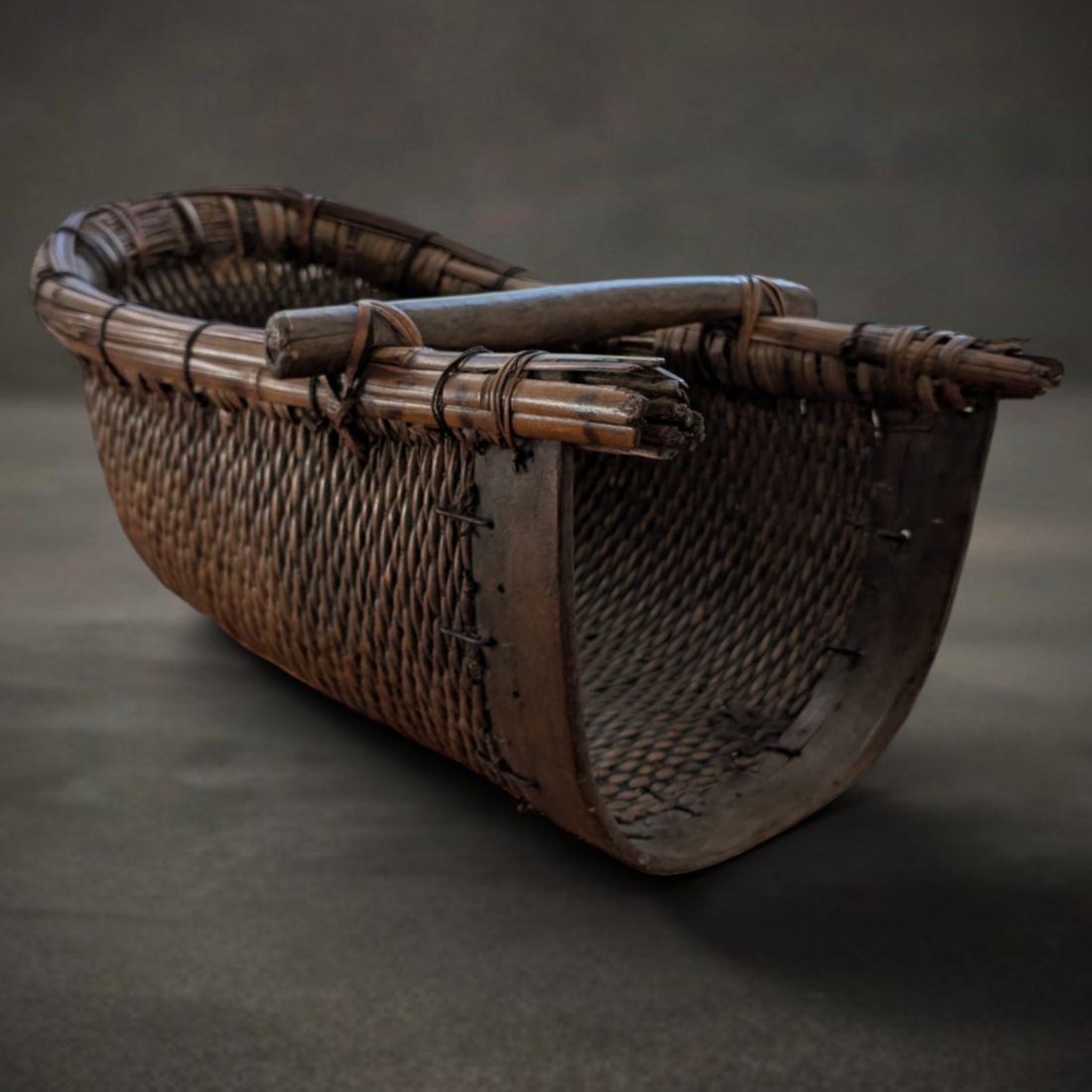 19th Century Chinese Rice Winnowing Basket with Timber Carrying Handle