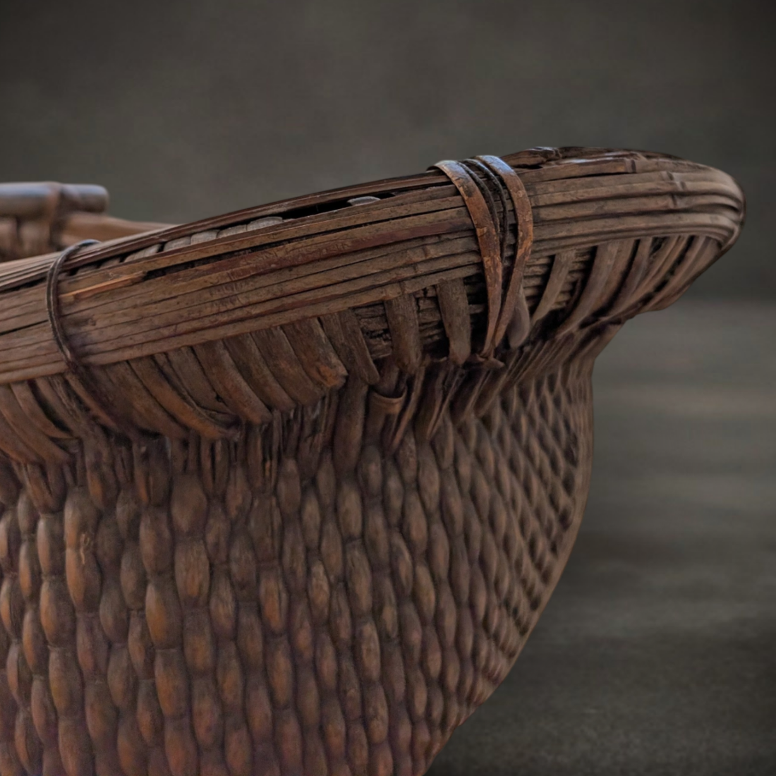 19th Century Chinese Rice Winnowing Basket with Timber Carrying Handle