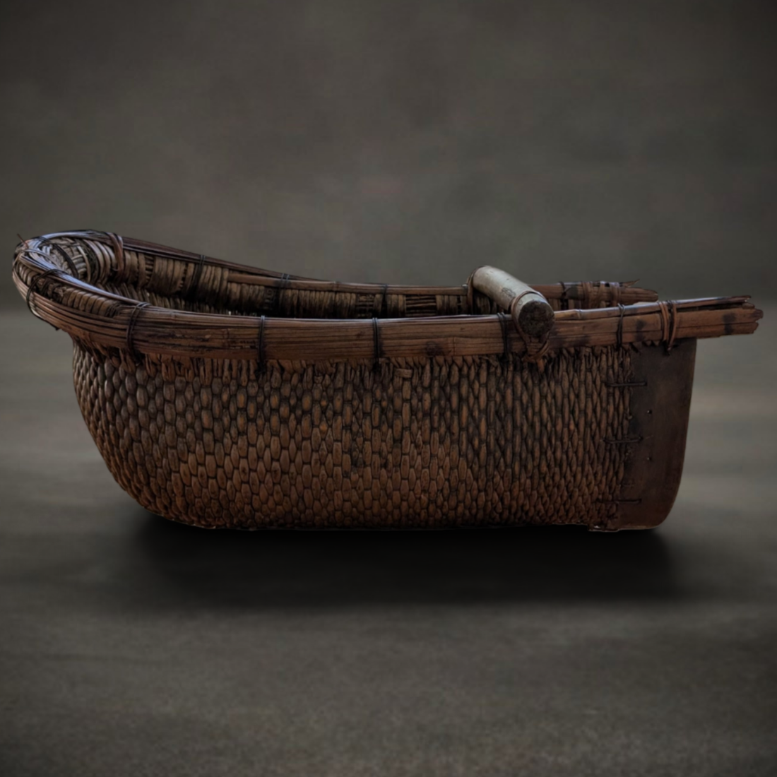 19th Century Chinese Rice Winnowing Basket with Timber Carrying Handle