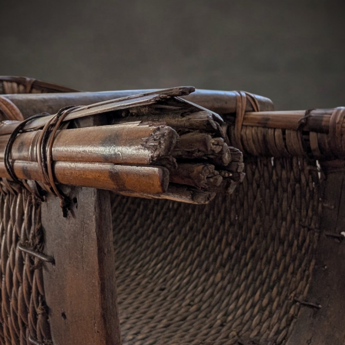 19th Century Chinese Rice Winnowing Basket with Timber Carrying Handle