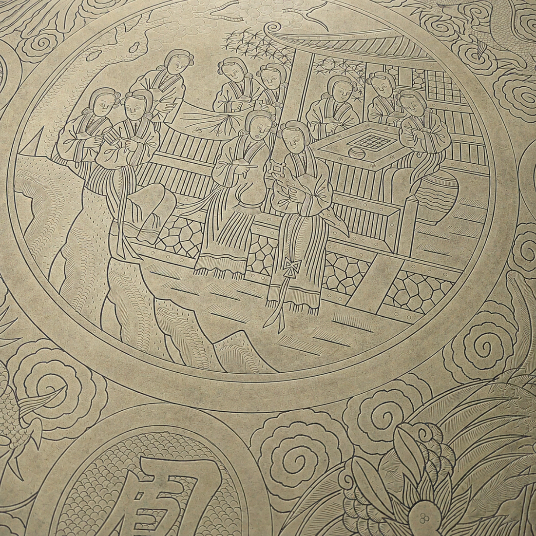 Large Scale Engraved Chinese Brass Charger Circa 1910