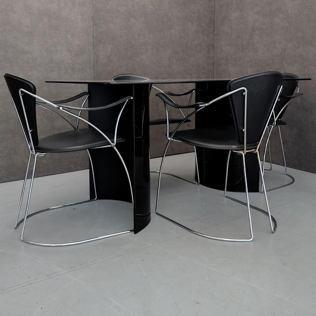 1980s Black Opaque Glass Dining Table with Arrben Dining Chairs Italy