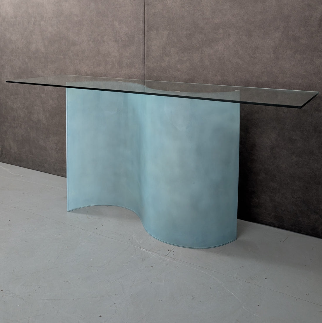 1980s Italian Glass Console Table with Curved Frosted Glass Pedestal
