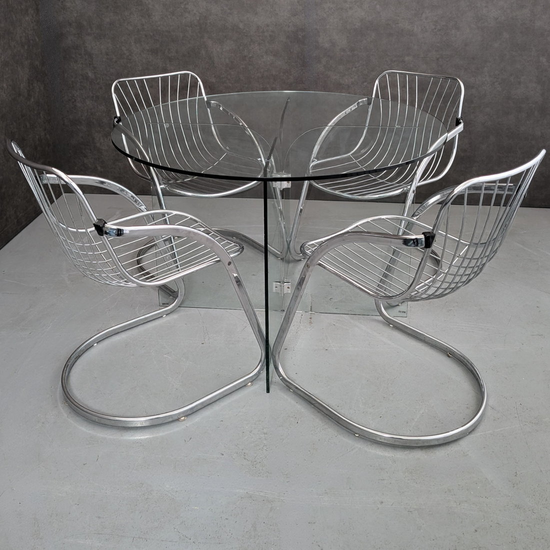 Vintage Chrome Cantilever Gastone Rinaldi Style Chairs with Glass Pedestal Table