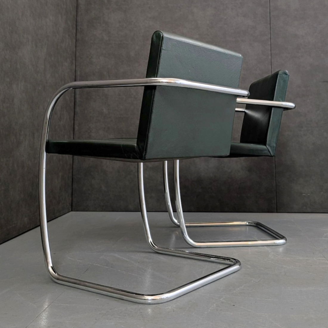 Vintage Brno Style Tubular Steel Armchairs Green Leather