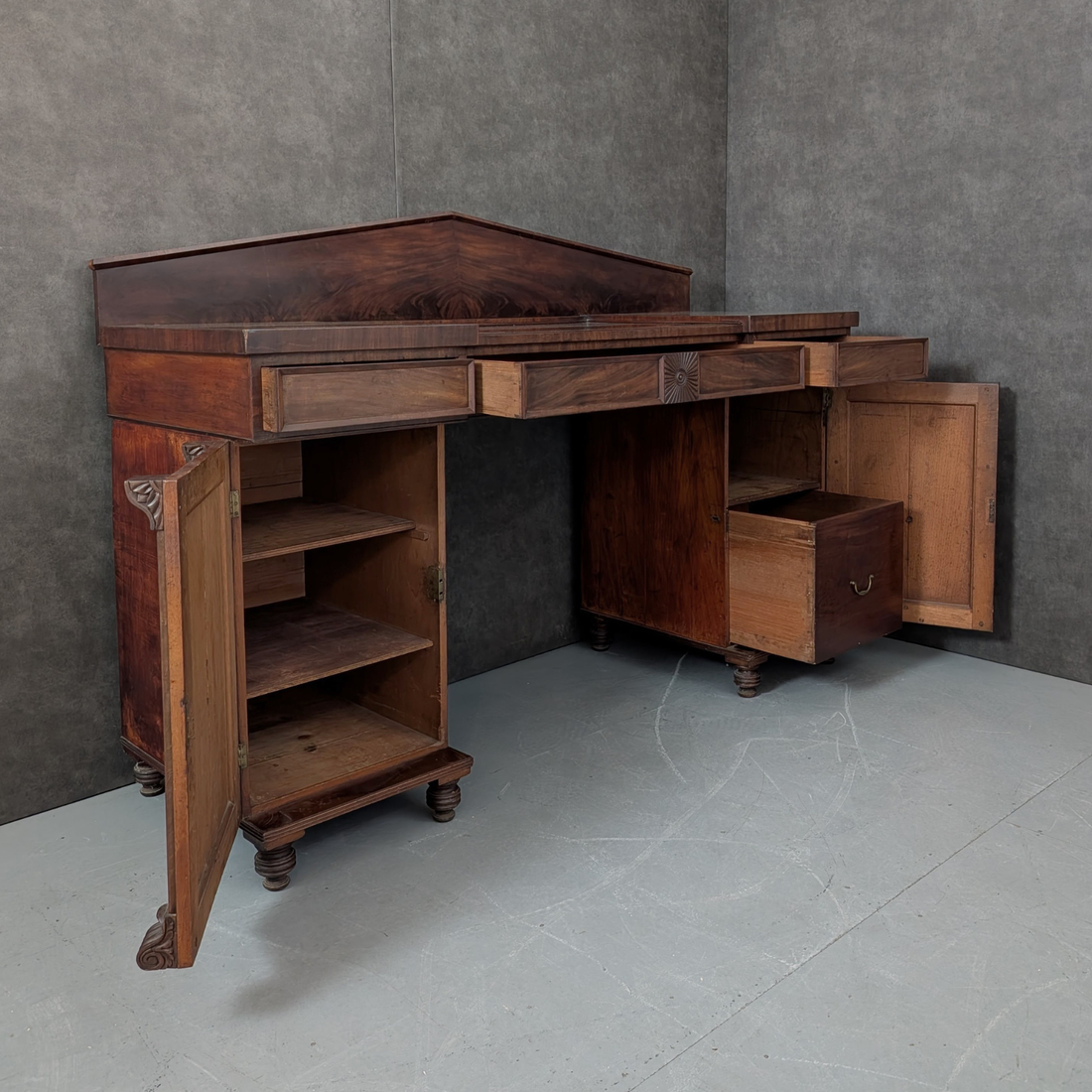 William IV Inverted Breakfront Double Pedestal Sideboard England, Circa 1830 Flame Mahogany