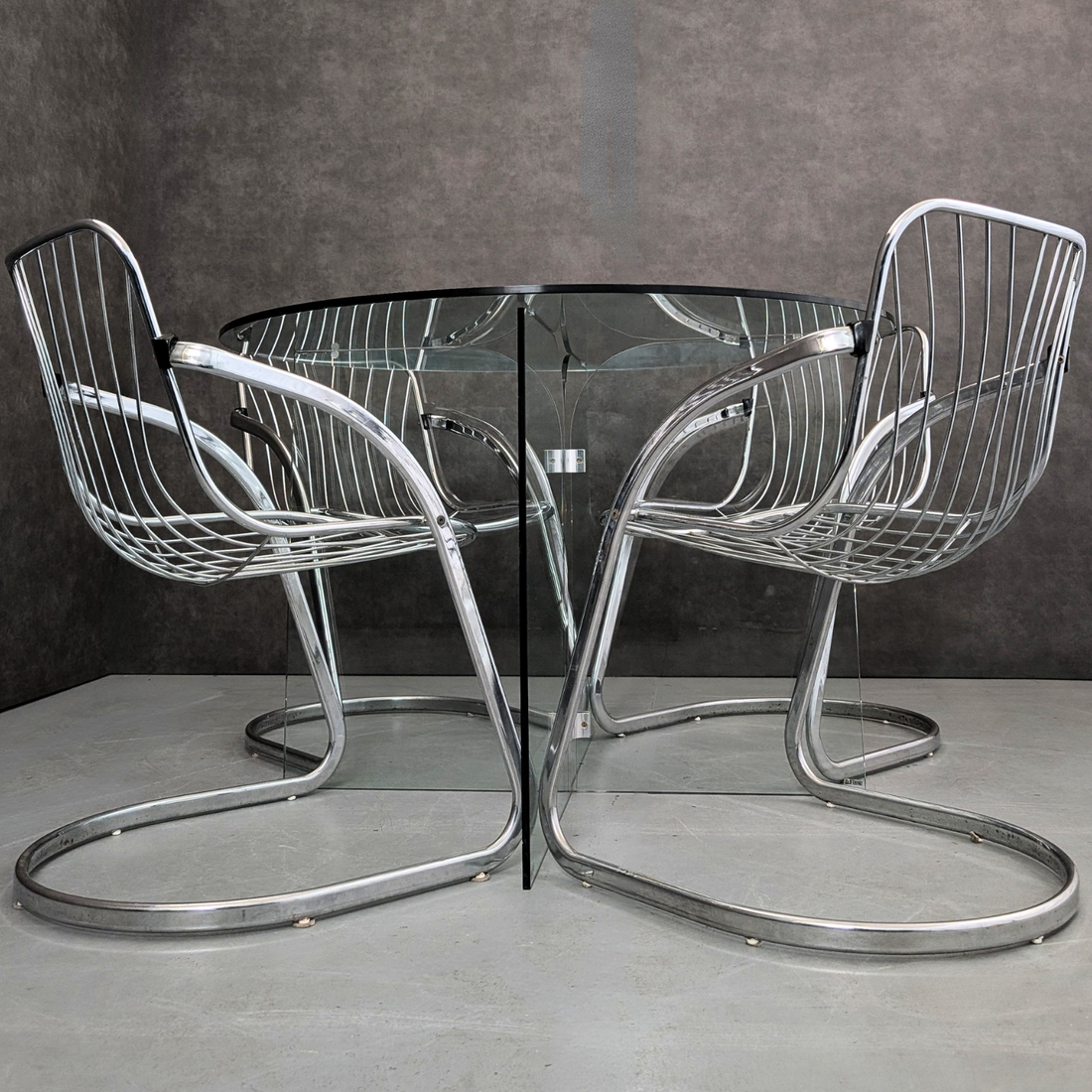 Vintage Chrome Cantilever Gastone Rinaldi Style Chairs with Glass Pedestal Table