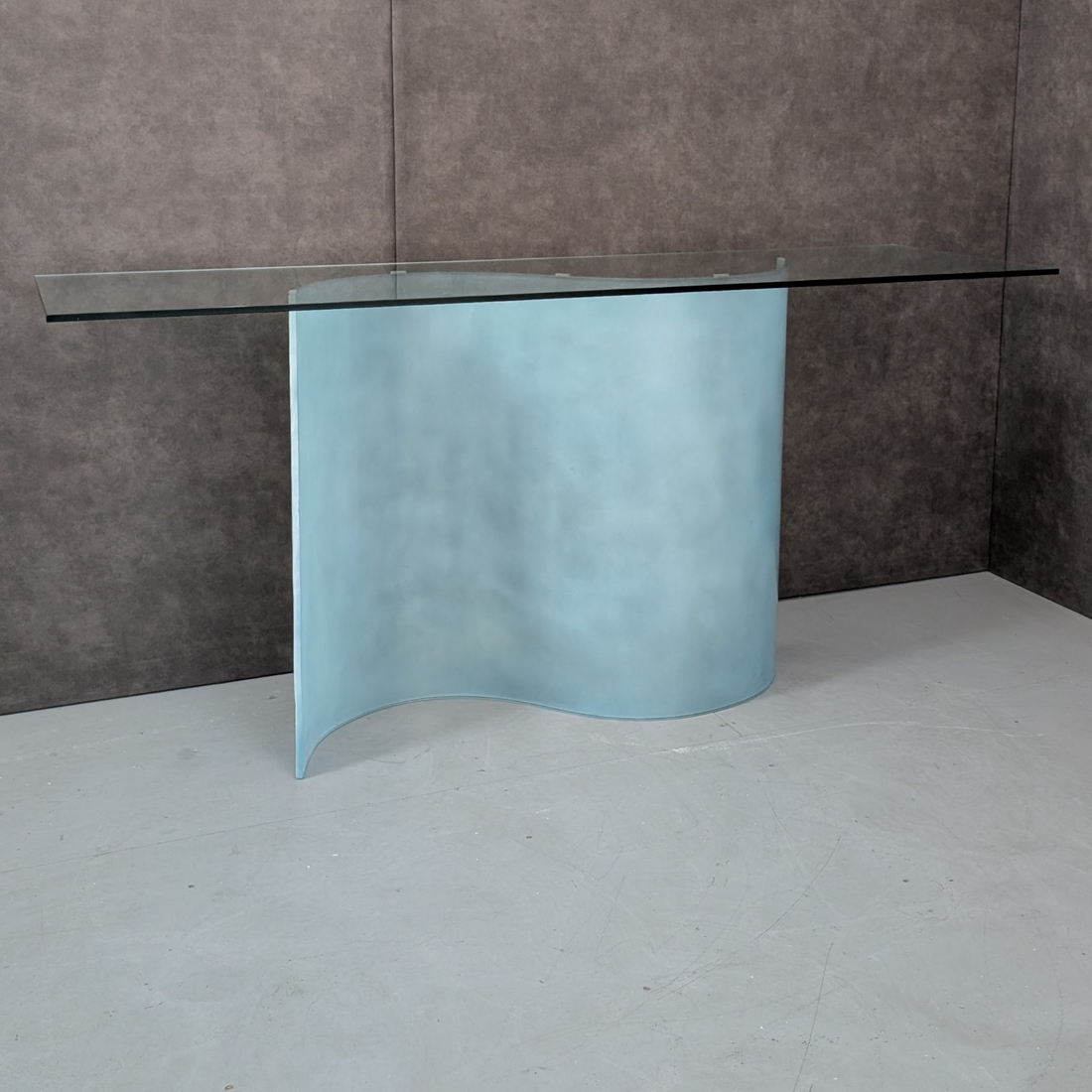 1980s Italian Glass Console Table with Curved Frosted Glass Pedestal