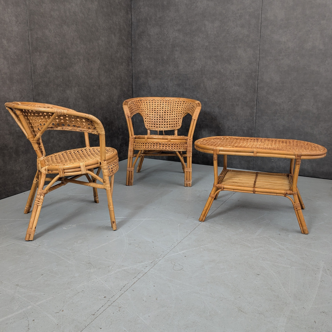 1970s Rattan and Cane Barrel Chair Suite with Matching Coffee Table