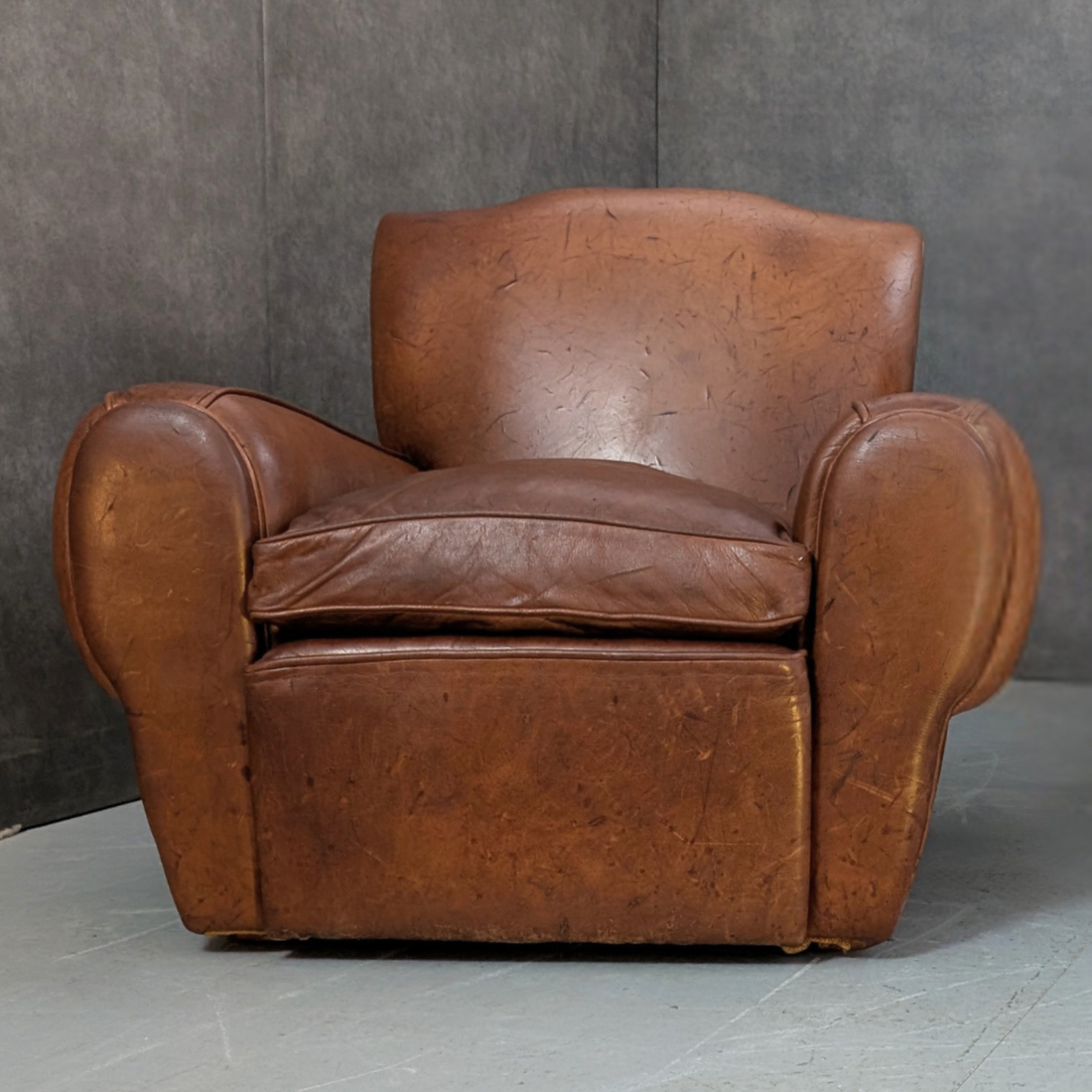 Vintage French Moustache Club Armchair in Cognac Leather