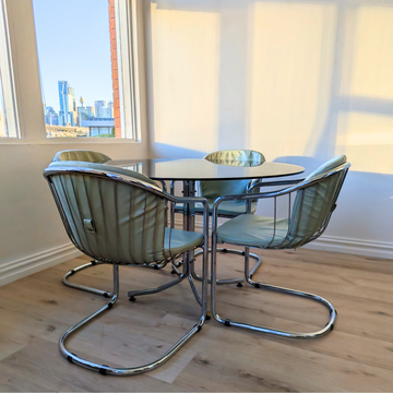 1970s Gastone Rinaldi for Rima | 4 Chairs with Italian Dining Table | Chrome & Smoked Glass
