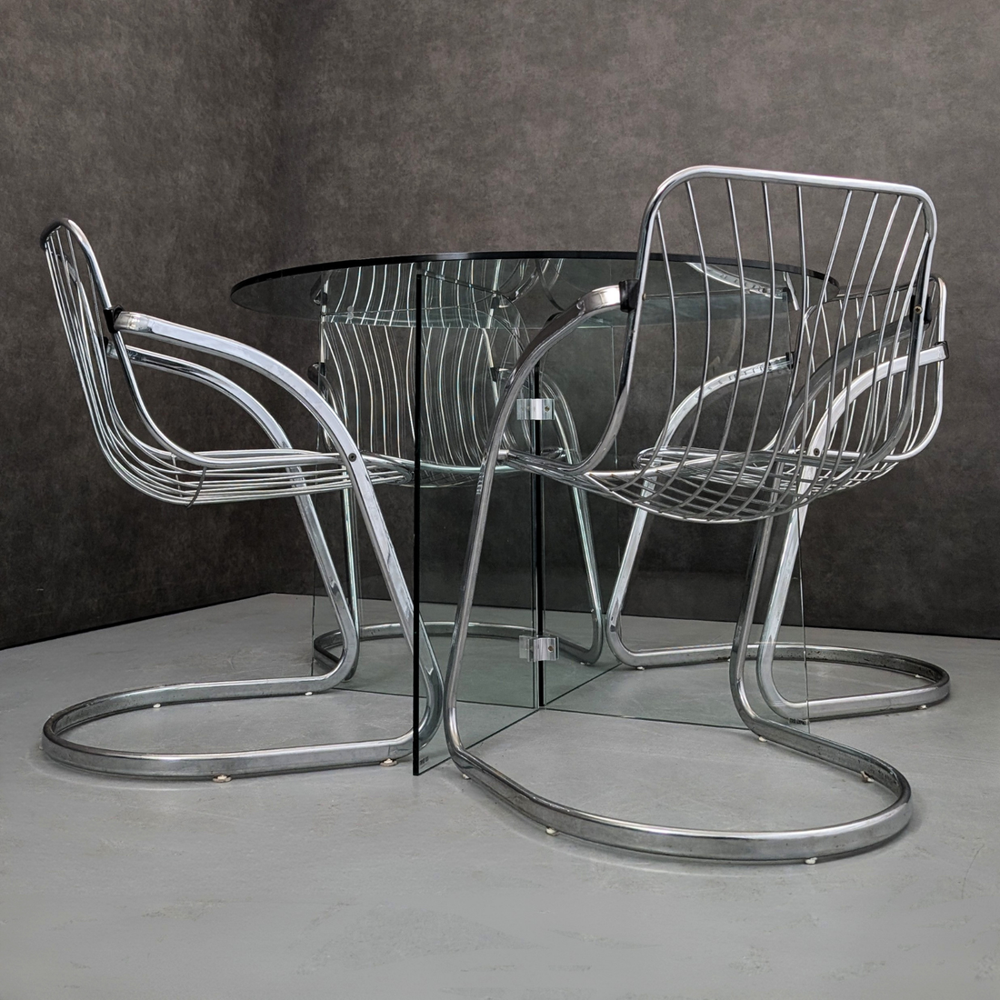 Vintage Chrome Cantilever Gastone Rinaldi Style Chairs with Glass Pedestal Table
