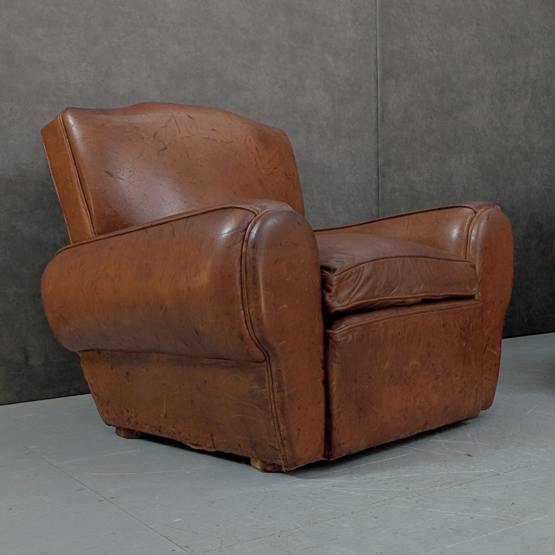 Vintage French Moustache Club Armchair in Cognac Leather