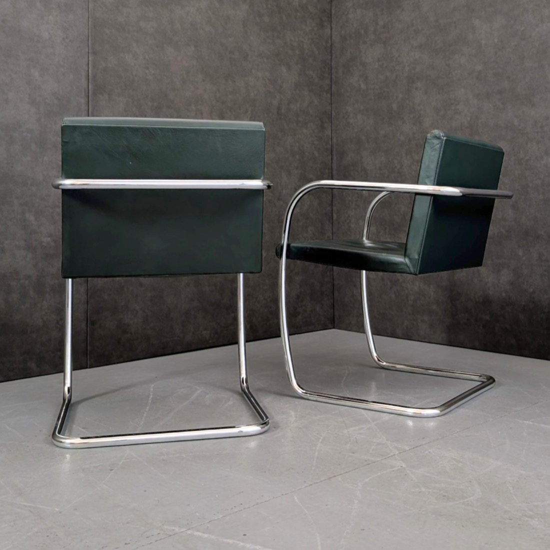 Vintage Brno Style Tubular Steel Armchairs Green Leather
