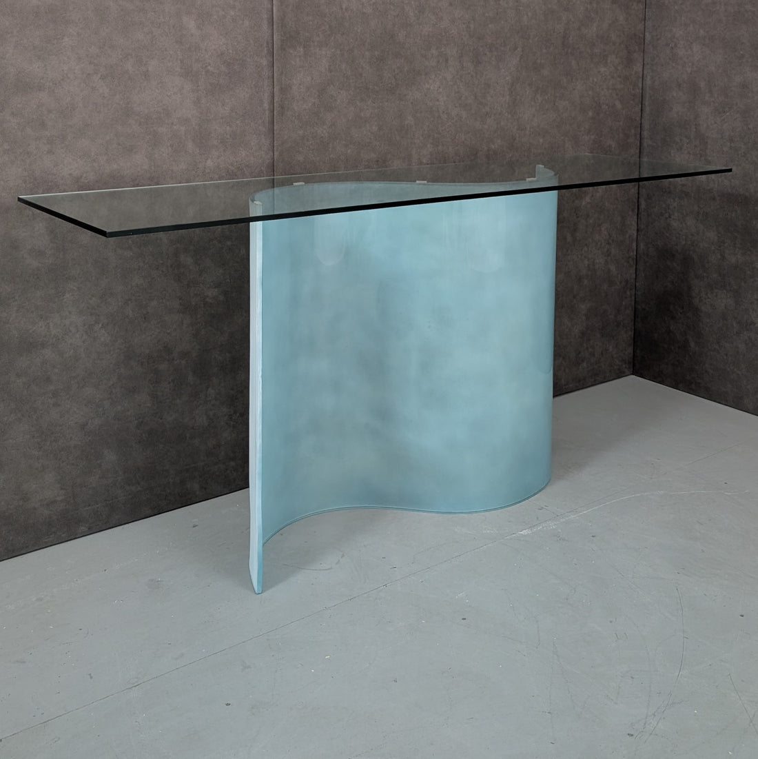 1980s Italian Glass Console Table with Curved Frosted Glass Pedestal